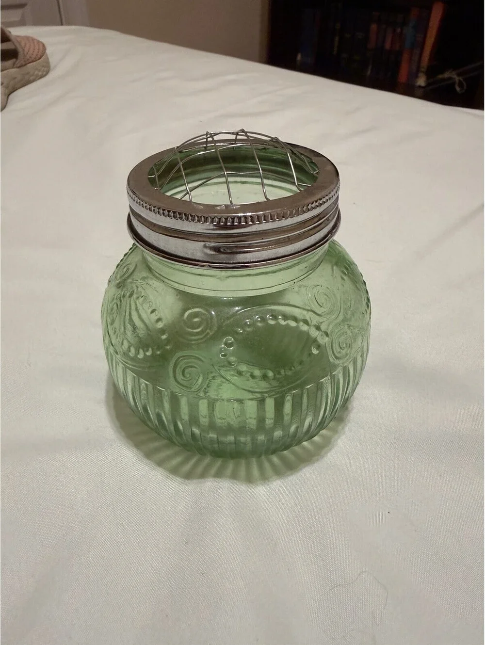 ASP VTG  2005 Green Glass Posy Dish Flower Vase W/Wire Frog Lid